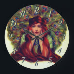 Reloj Redondo Grande Art Nouveau deco elegante plumas de pavo real<br><div class="desc">Nuevo arte,  ilustracion art deco vintage de una mujer de cabello largo,  cabeza roja enmarcada con plumas de pavo real Un elegante ilustracion vintage de una belleza clásica.</div>