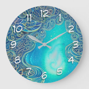 Reloj Redondo Grande Arte abstracto azul y Verde azulado