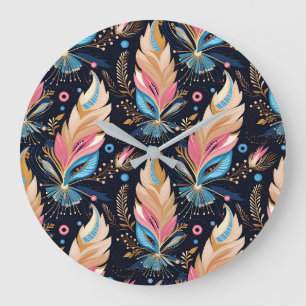 Reloj Redondo Grande Arte abstracto bohemio hippie de plumas coloridas