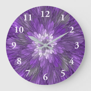 Reloj Redondo Grande Arte abstracto fractal de flor púrpura psicodélico