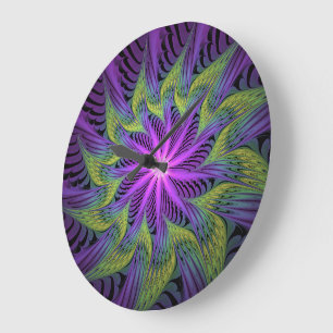 Reloj Redondo Grande Arte abstracto fractal moderno de flor verde púrpu