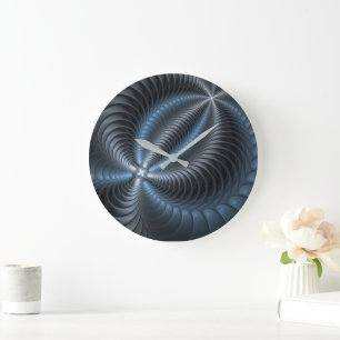 Reloj Redondo Grande Arte abstracto moderno fractal 3D gris azul plásti