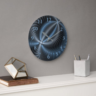 Reloj Redondo Grande Arte abstracto moderno fractal 3D gris azul plásti
