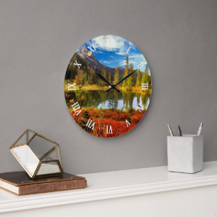 Reloj Redondo Grande Arte Acuarela de Colores de Otoño de las Montañas 