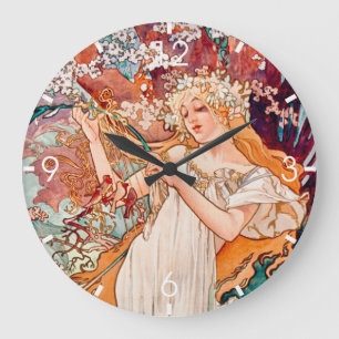 Reloj Redondo Grande Arte Antiguo Nouveau Primavera por Alphonse Mucha