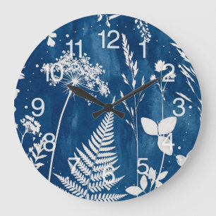 Reloj Redondo Grande Arte botánico de helecho con cianotipia azul añil 