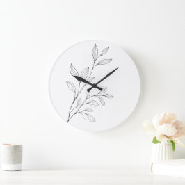 Reloj Redondo Grande Arte Botánico Minimalista de Línea Negra