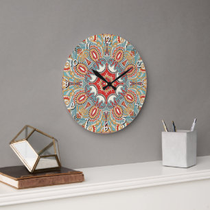 Reloj Redondo Grande Arte caleidoscópico gris azul teal rojo Amarillo s