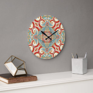 Reloj Redondo Grande Arte caleidoscopio gris azul teal rojo Amarillo so