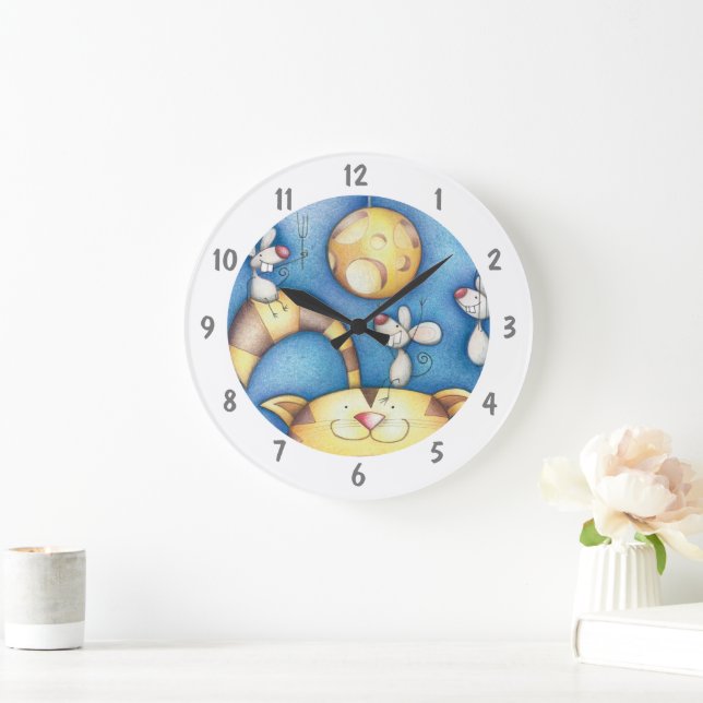 Reloj Redondo Grande Arte caprichoso de gato y ratón lunar lindo (Hogar)