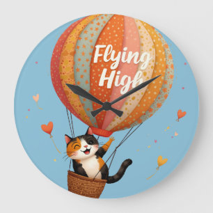 Reloj Redondo Grande Arte Caprichoso de Globo Aerostático con Gato Ador
