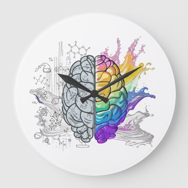 Reloj Redondo Grande Arte creativo de cerebro izquierdo vs derecho (Anverso)