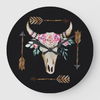 Reloj Redondo Grande Arte de acuarela de cráneo de ciervo bohemio