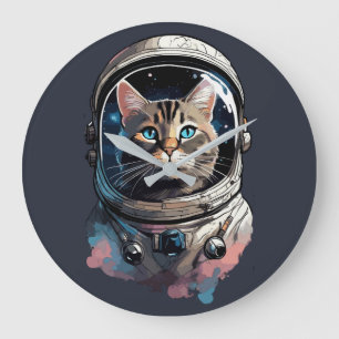 Reloj Redondo Grande Arte de acuarela de gato astronauta en el espacio