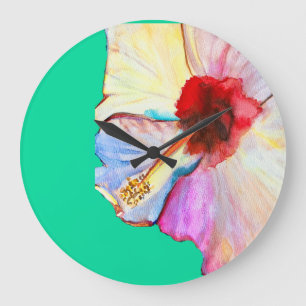 Reloj Redondo Grande Arte de acuarela de hibisco de verano