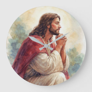 Reloj Redondo Grande Arte de Acuarela de Jesús Orando Fe Cristiana