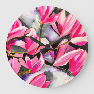 Reloj Redondo Grande arte de acuarela de magnolia rosa