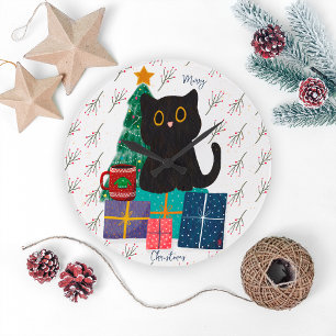 Reloj Redondo Grande Arte de café de gato negro lindo navideño festivo