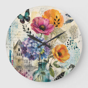 Reloj Redondo Grande Arte de Collage de Medios Mixtos Botánicos Vibrant