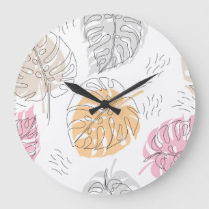 Reloj Redondo Grande Arte de dibujo de líneas de monstera exótico