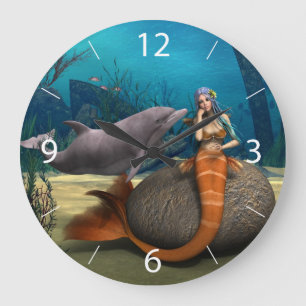 Reloj Redondo Grande Arte de Fantasía Subacuática de Sirena Delfín Soña