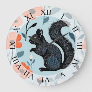Reloj Redondo Grande Arte de flores de primavera de ardilla