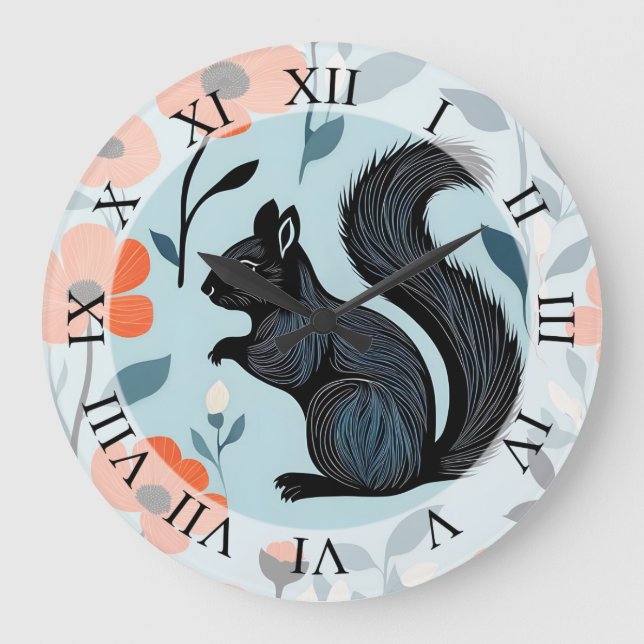 Reloj Redondo Grande Arte de flores de primavera de ardilla (Anverso)