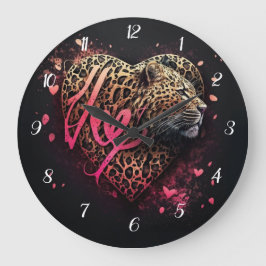 Reloj Redondo Grande Arte de grafiti de amor de corazón de leopardo    