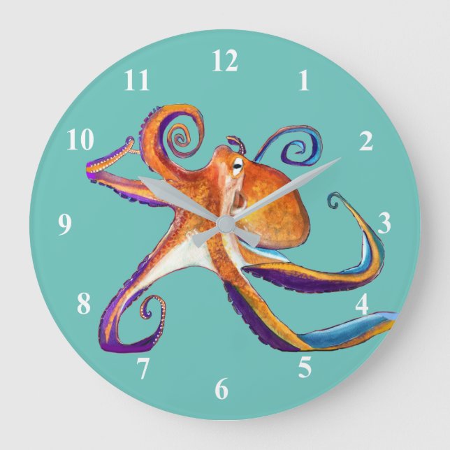 Reloj Redondo Grande Arte de la acuarela Octopus sealife (Anverso)