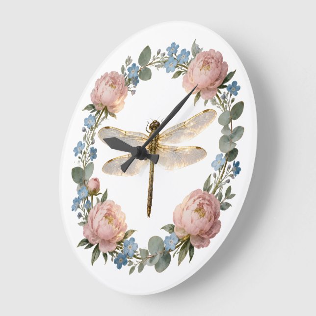 Reloj Redondo Grande Arte de libélula con brillo etéreo (Ángulo)