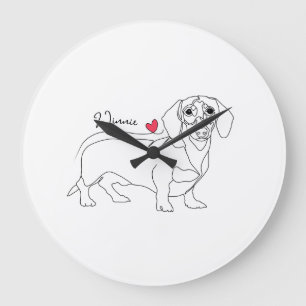 Reloj Redondo Grande Arte de línea de perro Dachshund y corazón con nom