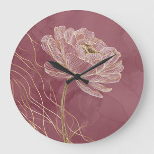 Reloj Redondo Grande Arte de línea floral de oro rosa polvoriento minim