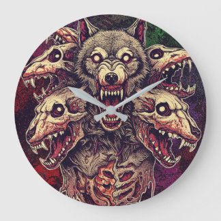 Reloj Redondo Grande Arte de lobo demonio salvaje con múltiples cabezas