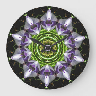 Reloj Redondo Grande Arte de Mandala de Floral Púrpura en Calidoscopio