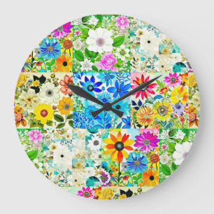 Reloj Redondo Grande Arte de patchwork floral Flores de acuarela