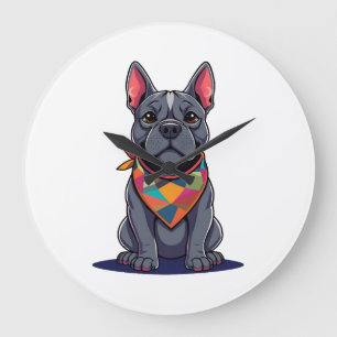 Reloj Redondo Grande Arte de perro francés Pitbull lindo con bandana