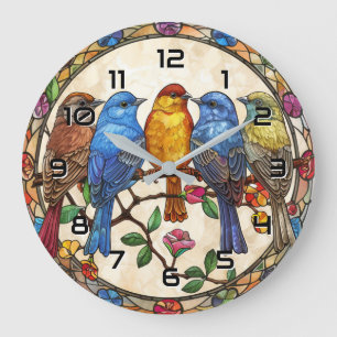 Reloj Redondo Grande Arte de Pintura con Efecto de Vidrio de Aves y Pla
