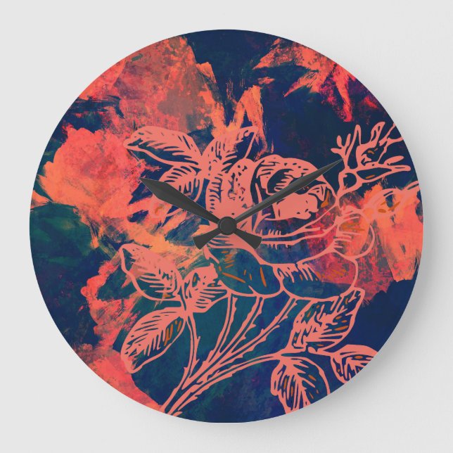 Reloj Redondo Grande Arte de Rosa Roja Abstracta (Anverso)