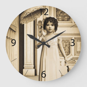 Reloj Redondo Grande Arte de sombrilla de niña vintage sepia