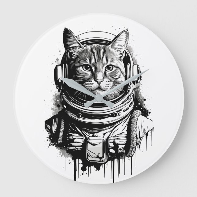 Reloj Redondo Grande Arte de tinta para gato astronauta (Anverso)