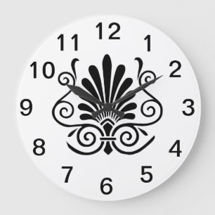 Reloj Redondo Grande Arte deco pluma patrón negro sobre blanco aspecto 