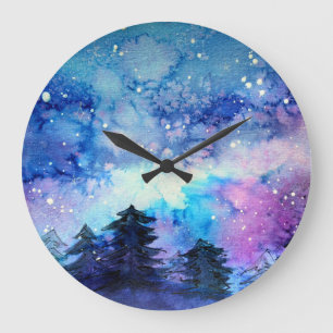 Reloj Redondo Grande Arte del espacio acuático: Árboles de cielo noctur