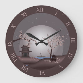 Reloj Redondo Grande Arte digital de la pagoda de la floración rosa de