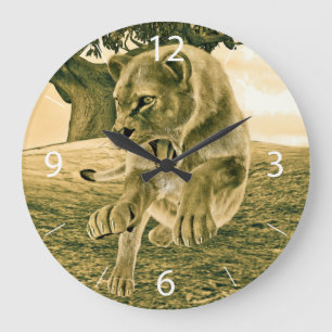 Reloj Redondo Grande Arte dramático de safari de fauna con leona