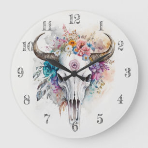 Reloj Redondo Grande Arte en Acuarela de Cráneo de Toro Floral