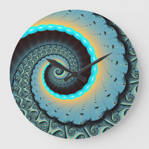 Reloj Redondo Grande Arte en espiral fractal abstracto azul turquesa na