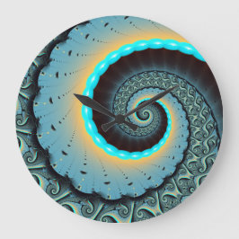 Reloj Redondo Grande Arte en espiral fractal abstracto azul turquesa na