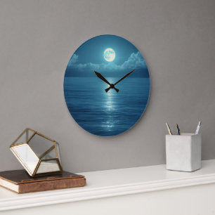 Reloj Redondo Grande Arte en lienzo de océano iluminado por la luna   L