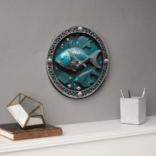 Reloj Redondo Grande Arte esculpido Piscis Verdigris
