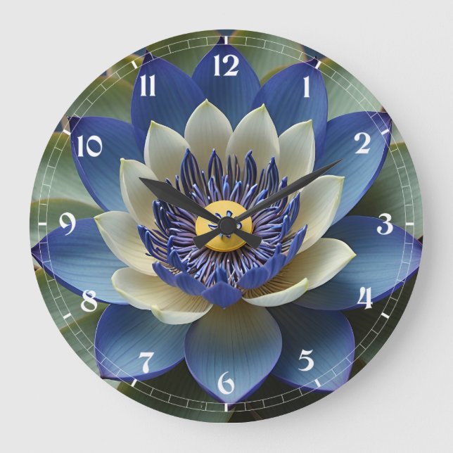 Reloj Redondo Grande Arte espiritual de flor azul Lotus (Anverso)